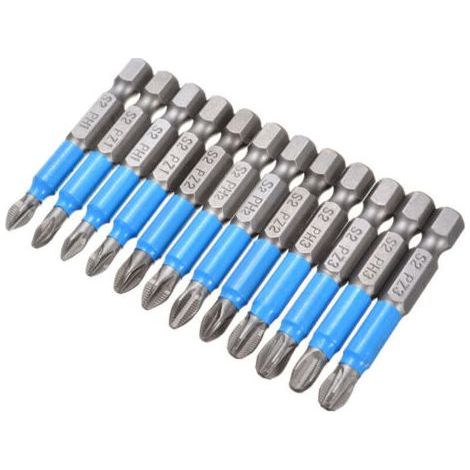 Lot de 12 embouts pour visseuse, embouts de tournevis cruciformes magnétiques à tige hexagonale de 1/4'' pour perceuse électrique PZ1, PZ2, PZ3, PH1, PH2, PH3-50 mm de long (1/4)