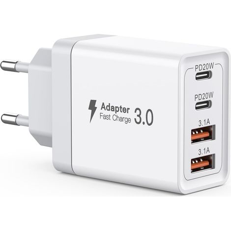 Chargeur USB C 40 W, 4 ports, double port PD+QC, prise murale rapide, multiports Type C pour iPhone 11/12/13/14/15/Pro Max/iPad/Samsung/Android/Google/tablette (1/5)