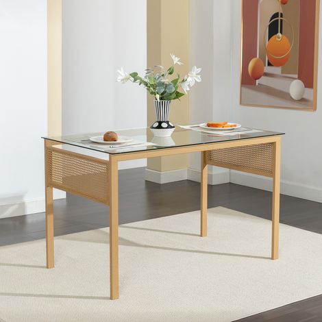 Artist Hand 120CM Boho Dining Table for 4-6 Seater, Rectangular Metal Dinner Table Kitchen & Dining Room Furniture with Tempered Glass & Rattan Decor (1/5)