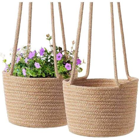 Macramé plante suspendue - Lot de 2 supports en corde de coton - Tressage artisanal pour pot de fleurs - Jardin et balcon (1/5)