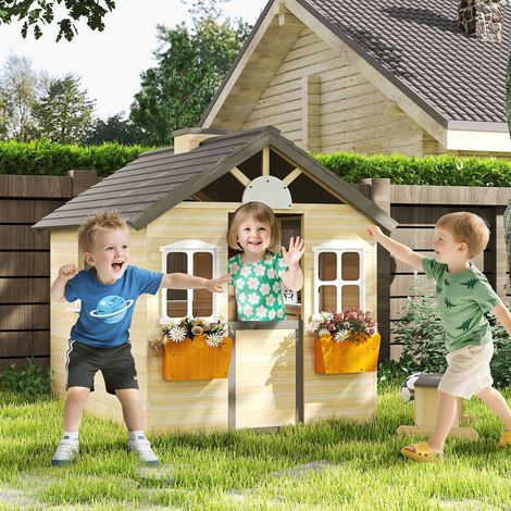 Maison de jeux en bois pour enfants 3-7 ans - structure sapin naturel 113x94x134,5 cm - fenêtres et porte-pots de fleurs - boîte aux lettres