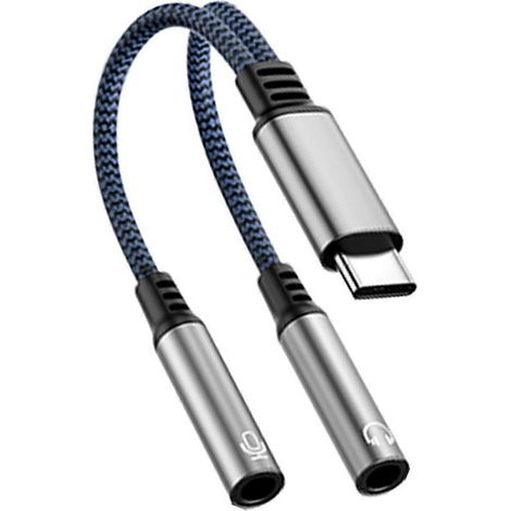 Câble audio USB-C vers double prise femelle 3,5 mm, câble d'extension adaptateur Type-C vers double prise 3,5 mm, adapté aux accessoires de home cinéma, gris. (1/5)
