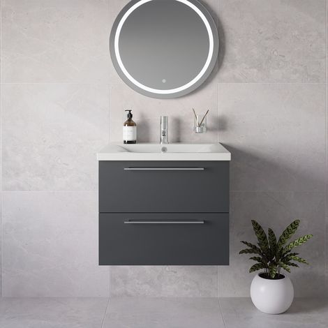 Napoli 460 Gloss Grey 600mm Wall Mounted 2 Drawer Vanity Unit with Glide Basin - 600mm - Chrome 320mm Handle