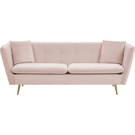 3 Seater Sofa Pink Velvet Fabric Upholstery Button Tufted with Gold Legs FREDERICA
