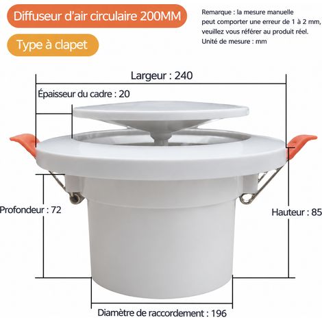 Bouche d'aération circulaire VMC à disque 200 mm avec filtre blanc et ressorts 13 200mm blanc 24 × 24 × 8,5 cm 210 g – Livraison gratuite