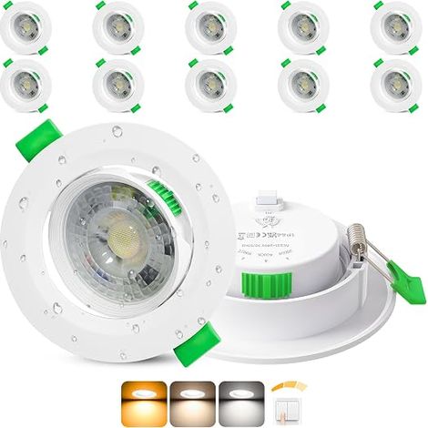 Spot LED Encastrable 230V, 5W Spots de Plafond Orientable Blanc Chaud/Neutre/Froid Extra Plat IP44 Spot Salle de Bain, Trou Ø68-80mm, Blanc (1/5)