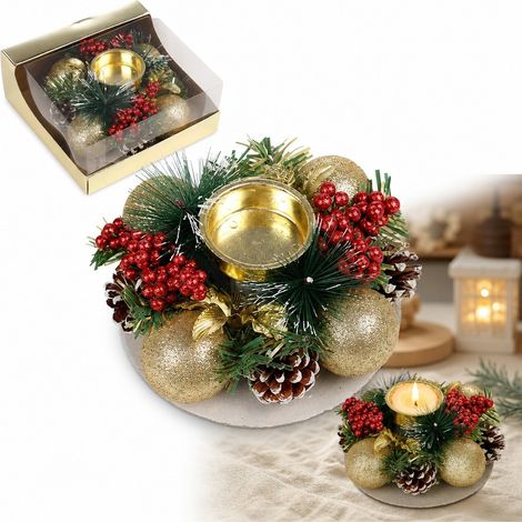 Bougeoir de Noël en fer avec couronne, aiguilles de pin, baies et pommes, 12 x 12 x 6 cm, pour bougie chauffe-plat, rétro (1/5)