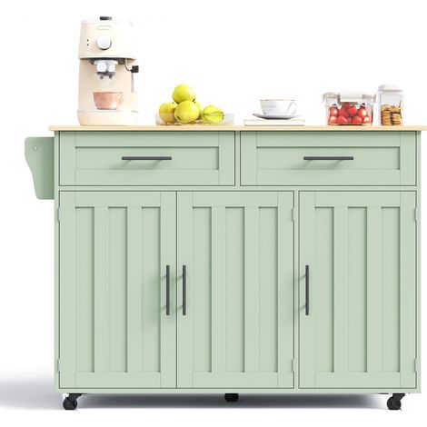 CHICFURN Carro de cocina con isla y aparador, encimera abatible, 2 cajones, armario con puerta, 5 ruedas, patas de madera, verde envejecido, 129x71x91,5 cm (1/5)