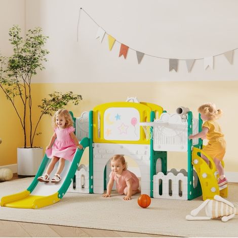 7-in-1-Spielplatz 176x150x94 cm aus HDPE, gelb und grün, für kleine Räume – MEUBLIV (1/5)