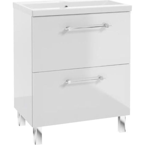 Meuble de salle de bain avec lavabo et 2 tiroirs 60x80cm, sur pied, blanc brillant, Cassandra (1/5)