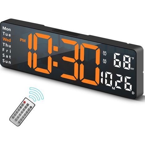 Digitale Uhr, dekorative digitale Wanduhr fürs Wohnzimmer, Tischwecker fürs Schlafzimmer, große Wanduhr mit Fernbedienung, orange (1/5)