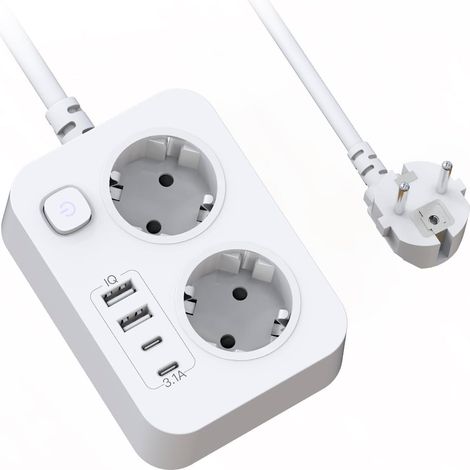 Multipresa a 2 prese con USB, prolunga piatta da parete con interruttore, multipresa portatile con protezione da sovratensioni e cavo da 1,8 m per casa, ufficio e viaggi, bianco