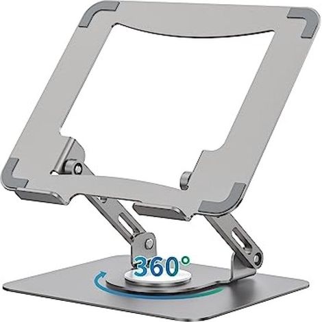 Supporto regolabile per laptop con base girevole, in metallo, color argento. (1/5)