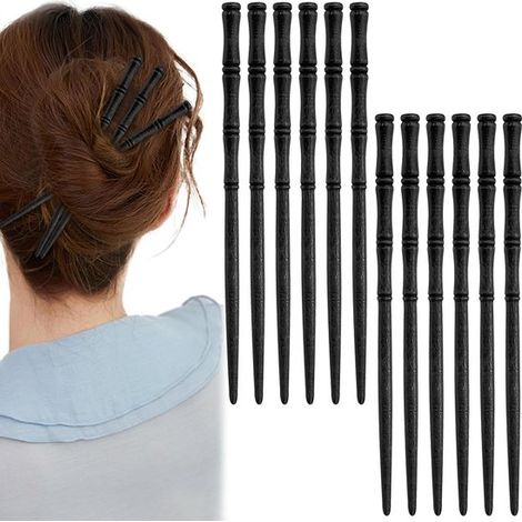 Épingles à cheveux vintage en bois – Lot de 12 – Baguettes en forme de bambou – Accessoires de coiffure style japonais et chinois – Pour cheveux longs et Hanfu – Noir (1/5)