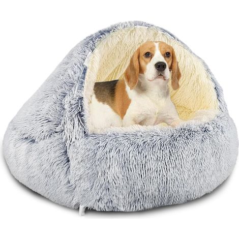 Lit pour chien avec capuche et supports, lit en peluche pour chiens et chats de taille moyenne de moins de 10 kg, housse chaude, amovible et lavable et dessous antidérapant (gris, 60 cm) (1/5)