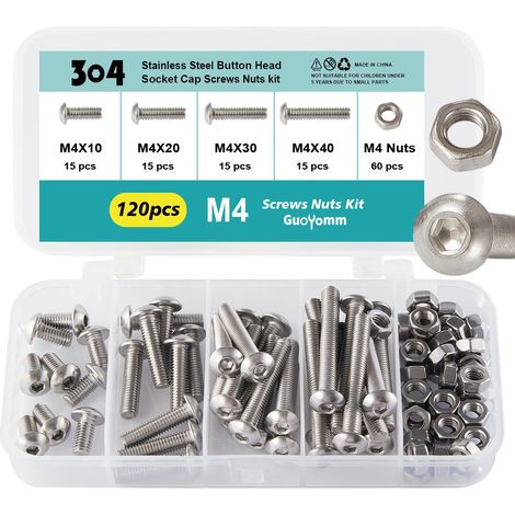 Jeu de vis M4, 120 pièces vis à tête bombée à six pans creux avec écrous, acier inoxydable 304, ensemble de boulons mécaniques entièrement filetés dans boîte combinée, longueurs : 10 mm, 20 mm (1/5)