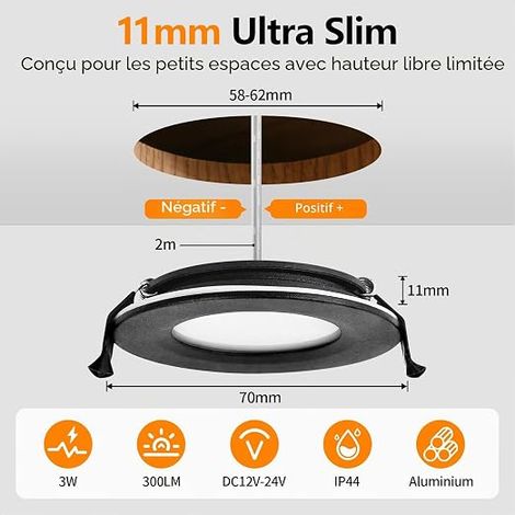 Spot LED Encastrable, Spot LED 12V-24V DC 3000K Blanc, 3W 300LM Extra Plat Spot encastrable, Trou 58-62mm Aluminium Plafonnier spot avec câble de 2m, Noir (1/4)