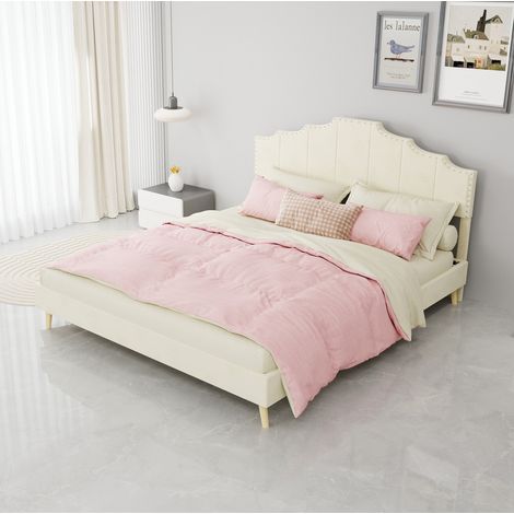 Lit 160/200 cm beige en tissu et métal à tête de lit géométrique (1/5)