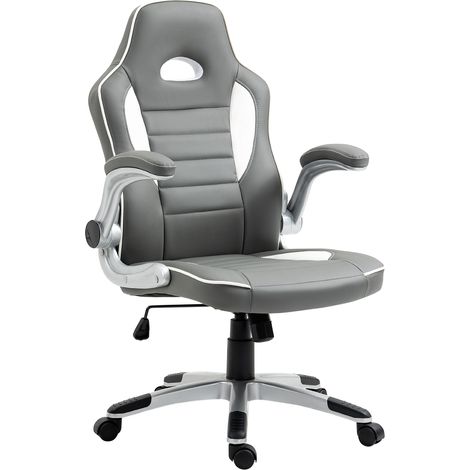 Computer Gaming Chair, Office Desk Swivel Chair, PU Lear Racing Chair with 90° Flip-up Armrest, Adjustable Height and Rolling Wheels, Grey (1/5)