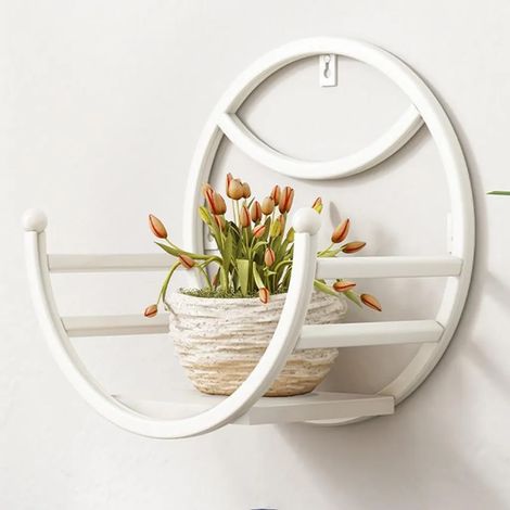 Support mural rond en métal pour plantes et fleurs, étagère murale décorative stable et polyvalente, décoration murale originale, dimensions 25 x 15 x 25 cm, couleur blanc (1/4)