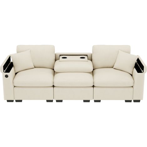 Sofá de 3 plazas en chenilla beige con cojines, mesa abatible, USB, portavasos y almacenaje (1/5)