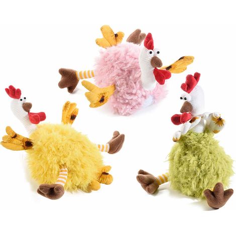Gallinelle decorative da appoggiare con morbide piume in finto pelo colorato, set da 3 pezzi, cm 12 x 20 x 25 H