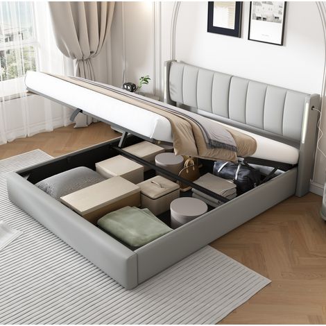 Cama doble con almacenaje LED USB regulable gris PU OKMYHOME (1/5)