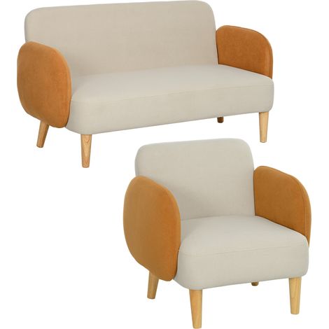 HOMCOM conjunto de sofás de salón con 1 sofá de 2 plazas y sofá individual tapizado en terciopelo con reposabrazos y patas de madera crema
