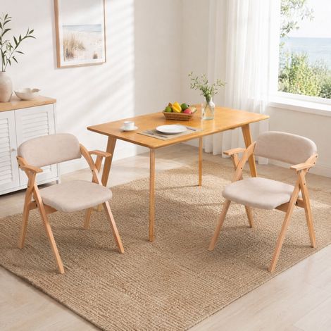 Juego de 2 sillas plegables con reposabrazos, asiento acolchado, madera maciza, caqui (1/5)