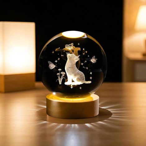 Veilleuse Boule de Cristal 3D pour Amoureux Boule de Cristal Veilleuse 3D Gravée en Forme de Chat (1/4)