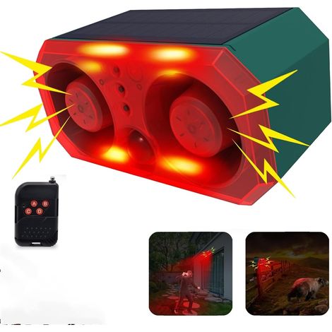 Solarbetriebene Bewegungsmelder-Sirene für den Außenbereich, 2 x 130 dB Lautsprecher, 13 integrierte Soundmodi inklusive Hundegebell und Schüsse, mit Fernbedienung für Garten und Bauernhof.