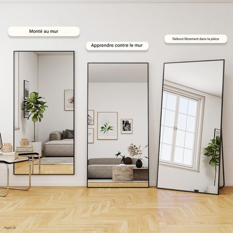 Koonmi Miroir sur pied pleine longueur, 180x76 cm, Corporel Robuste avec Cadre Aluminium, Miroir Mural Moderne à Poser ou Suspendre pour Salon, Chambre à Coucher, Design Minimaliste, Noir