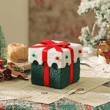 Boîte cadeau de Noël 12cm velours vert et blanc, pois rouges, nœud rouge, emballage réutilisable pour fêtes (1/3)