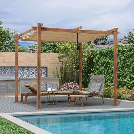 Purple Leaf – Pergola rétractable 3 x 3 m en aluminium finition teck – Auvent double pare-soleil ajustable – Protection UV et déperlant – Assemblage facile