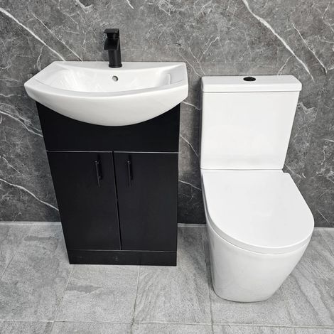 Black Vanity Unit with Black Handles 550mm Open Back Tornado Toilet Suite, Without Tap & Waste