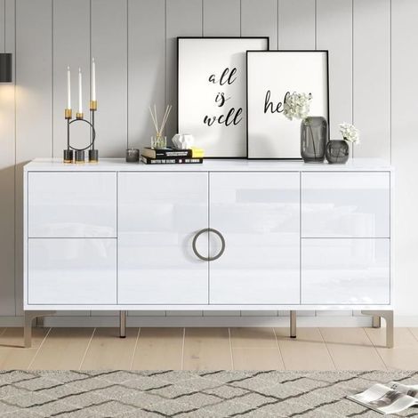 Buffet bas - KOMHTOM - 150x38x59,5cm - Blanc brillant - 4 tiroirs & 2 portes - Pieds métal (1/5)