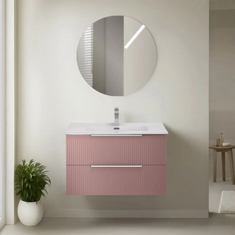 Mobile bagno sospeso 100 cm rosa cannettato con lavabo e specchio tondo Zena (1/5)