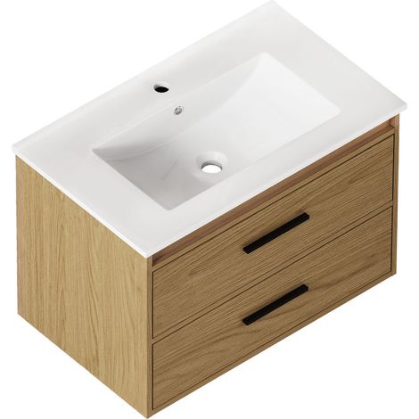 Meuble de salle de bain 75 cm en chêne clair avec 2 tiroirs (1/5)