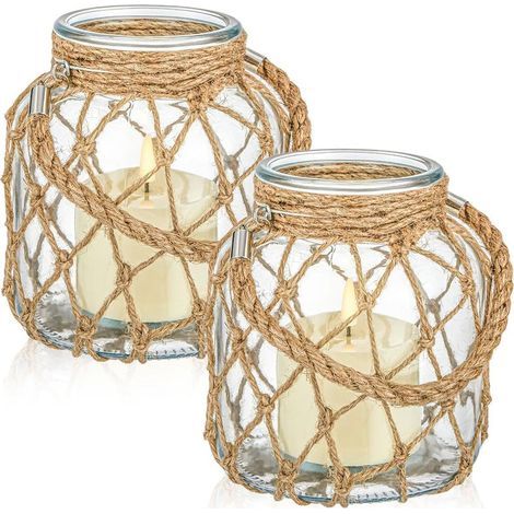 Lot de 2 lanternes nautiques avec poignée en corde - Bocaux avec bougies LED à piles sans flamme pour décoration de chambre, fête, maison de plage ou centres de table (1/5)