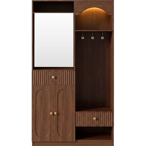 Mobile ingresso con specchio, panca, scarpiera, appendiabiti e luci LED MDF color noce MODENUIT (1/5)