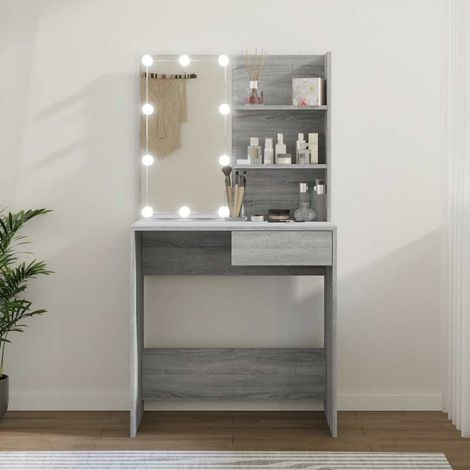 Coiffeuse avec miroir LED, tiroir, 2 étagères, gris sonoma, 74,5 x 40 x 141 cm - PANGIVO (1/5)