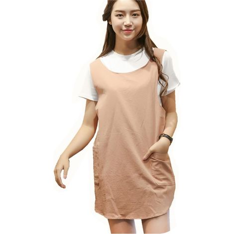 Tablier en coton et lin doux uni de style japonais, deux poches, bord rond (1/5)