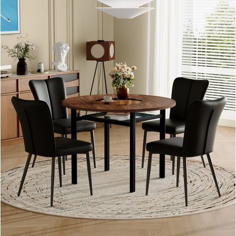 REDOM - Ensemble de salle à manger rond 100x100 cm, plateau effet bois, insert en verre marron, chaises PU noires, métal noir (1/5)
