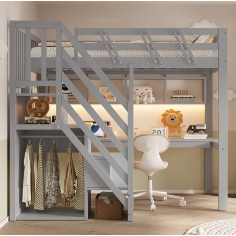 Lit mezzanine 90x200 gris avec bureau, escalier de rangement, LED et prise USB (1/5)