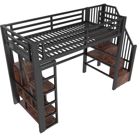 Cama alta 90x200 cm metal y MDF negro con LED, almacenaje, escalera y barandilla (1/5)