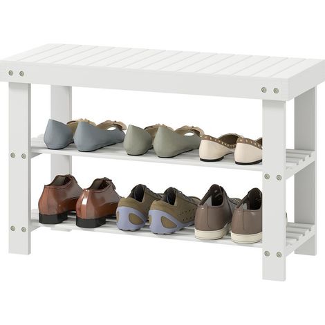 Banc à chaussures en bambou, étagère à chaussures à 3 niveaux, style scandinave, charge 136 Kg, 70 x 28 x 45 cm, blanc (1/5)