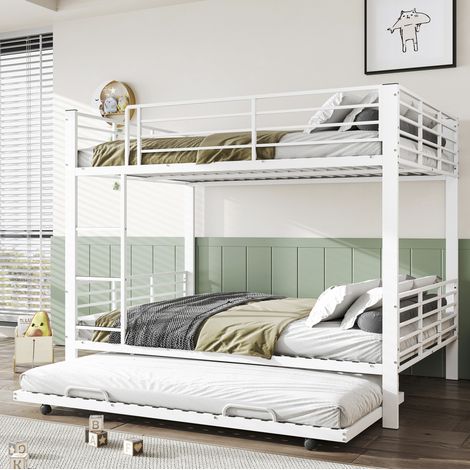 Lit superposé 140x200 cm métal blanc avec lit gigogne, gain de place, sans matelas – MEUBLIV (1/5)