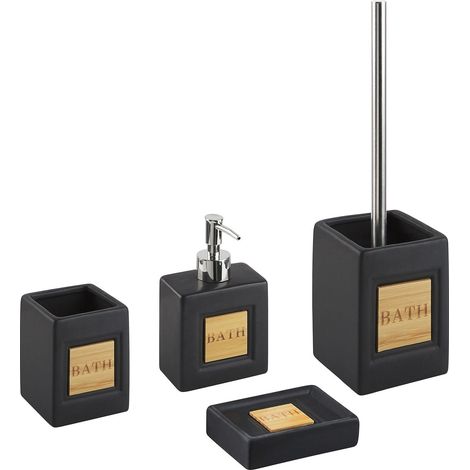 Set di 4 Accessori Bagno in Ceramica nero legno chiaro dispenser Kourou
