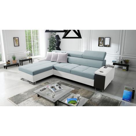Bequemes Ecksofa mit Schlaffunktion MORENA I MAXI Kunstleder/Sawana Weiß/Blaugrau Links (1/5)