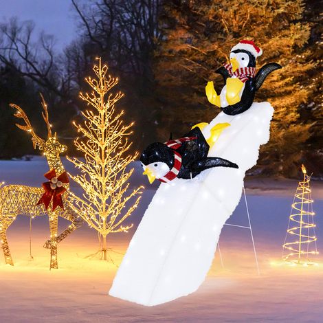 Décoration de Noël Illuminée Pingouin Festif sur Glace de 120 cm, avec 2 Pingouins Coulissants et Un Toboggan Enneigé avec Lumières LED Blanc Froid (1/5)